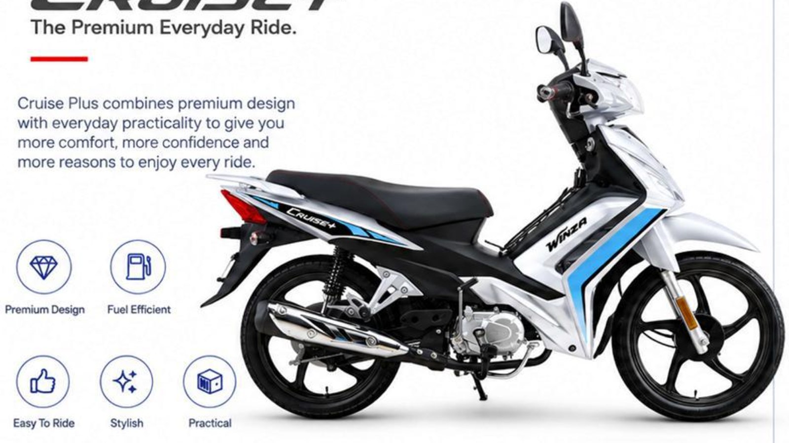 Winza Cruise+ motorcycle in white and blue