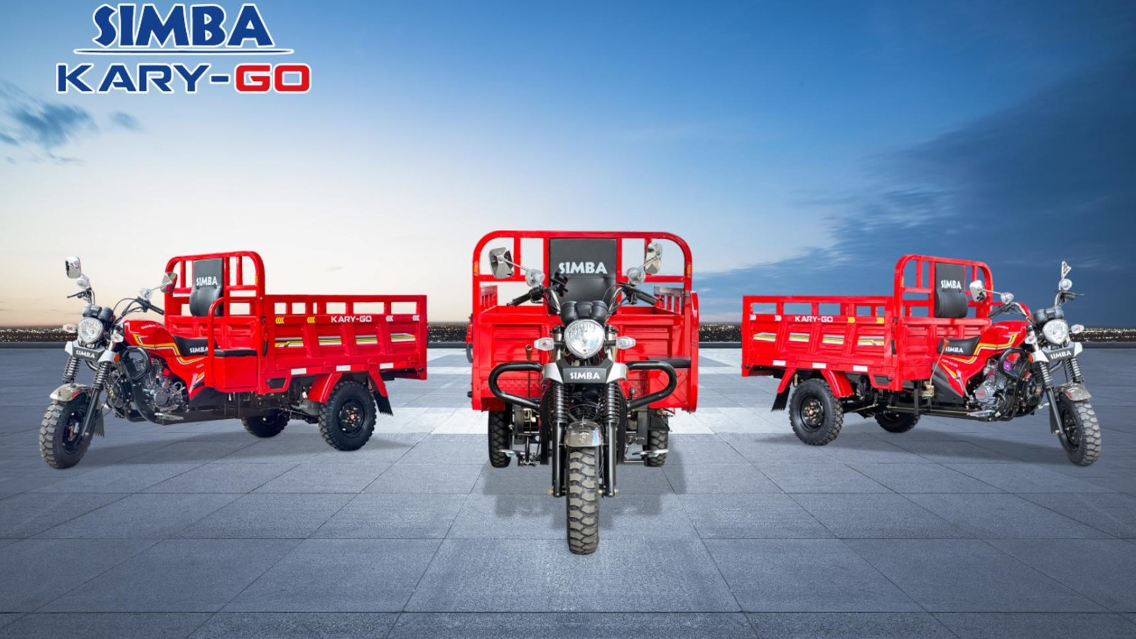 Three Simba KARY-GO cargo tricycles on a paved forecourt